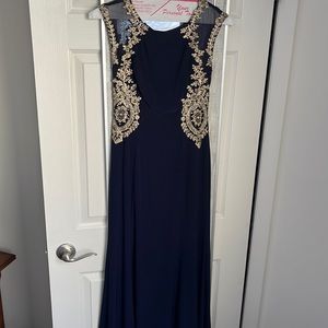 navy gown , petite( I’m 5feet 2 inches) wore 3 inch heals . Shear back